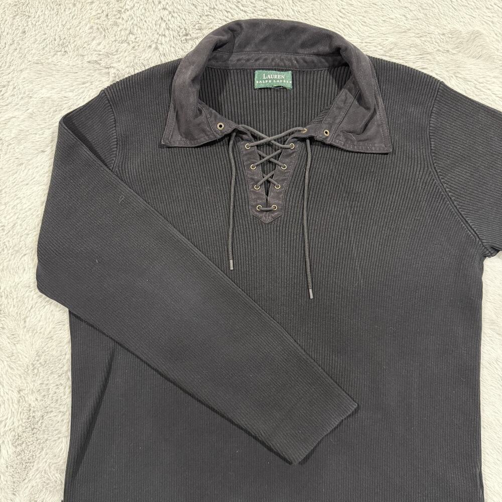 Lauren Ralph Lauren Sweater Womens Medium Lace Up Collar Ribbed Pullover Top